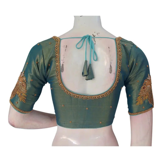 Elegant Teal Green Aari Handwork Tissue Silk Wedding Blouse - D3 Blouses - D3blouses