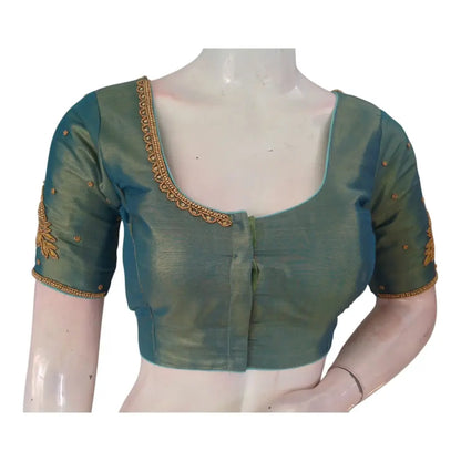 Elegant Teal Green Aari Handwork Tissue Silk Wedding Blouse - D3 Blouses - D3blouses