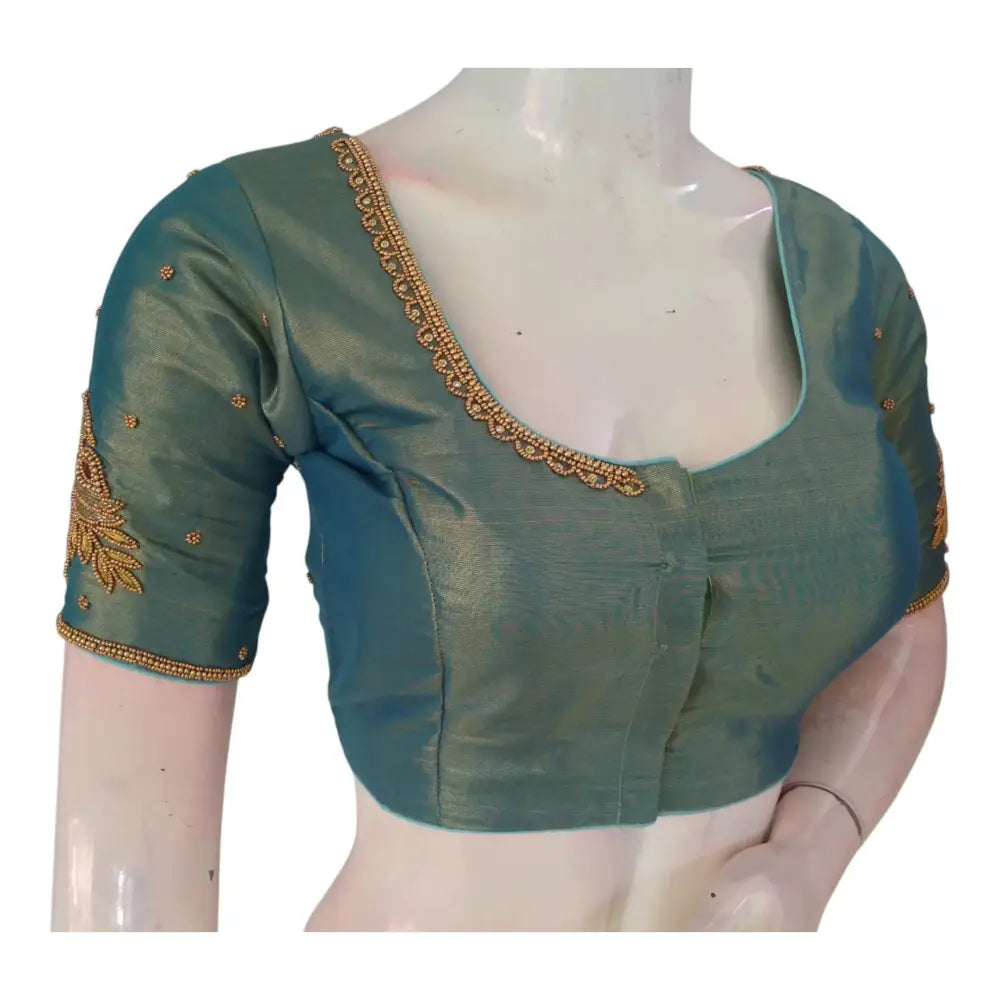 Elegant Teal Green Aari Handwork Tissue Silk Wedding Blouse - D3 Blouses - D3blouses