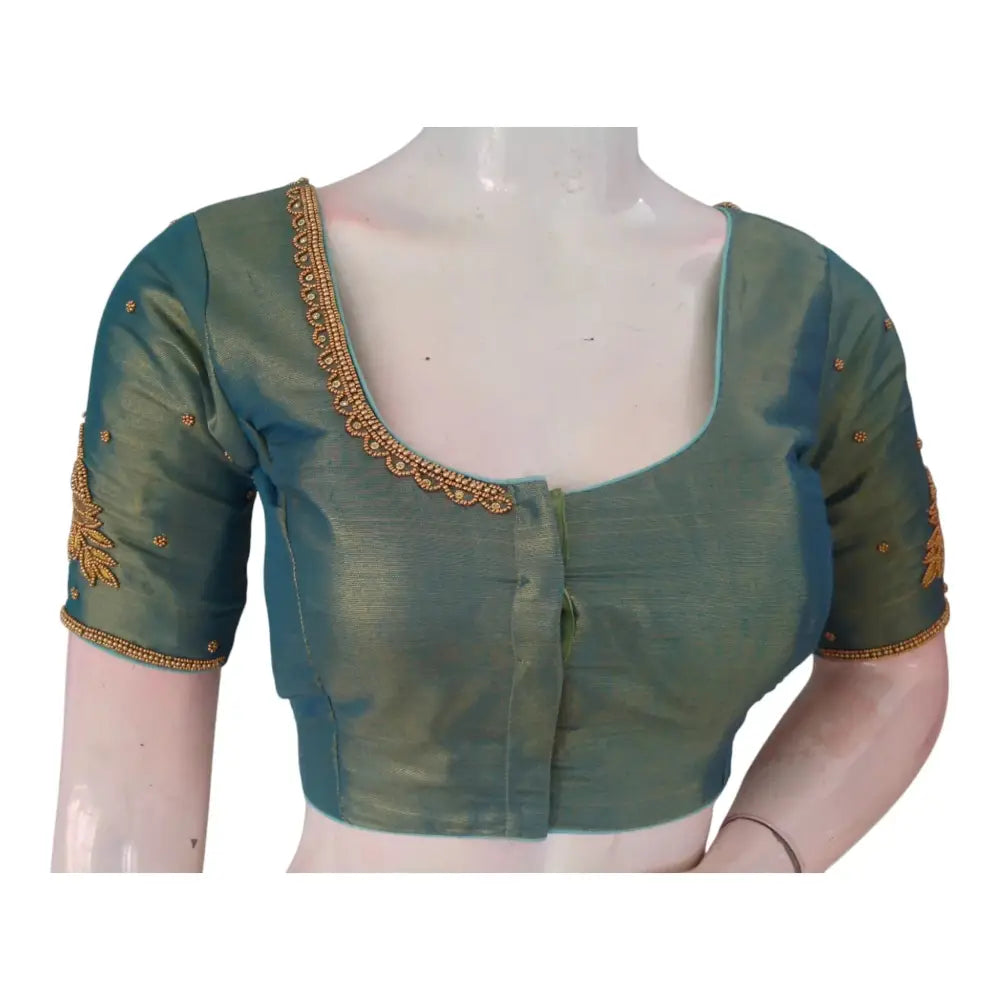Elegant Teal Green Aari Handwork Tissue Silk Wedding Blouse - D3 Blouses - D3blouses