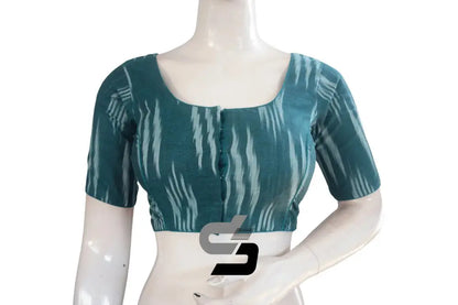 Elegant Teal Ikkat Cotton Readymade Blouse, Classic Women's Attire - D3blouses