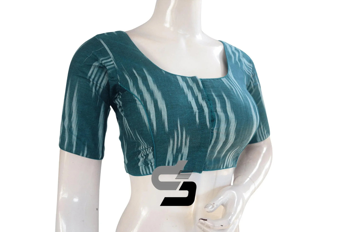 Elegant Teal Ikkat Cotton Readymade Blouse, Classic Women's Attire - D3blouses