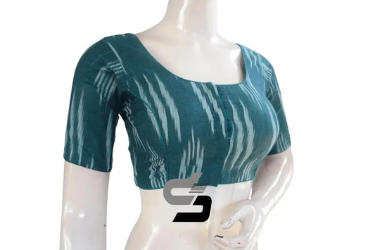Elegant Teal Ikkat Cotton Readymade Blouse, Classic Women's Attire - D3blouses