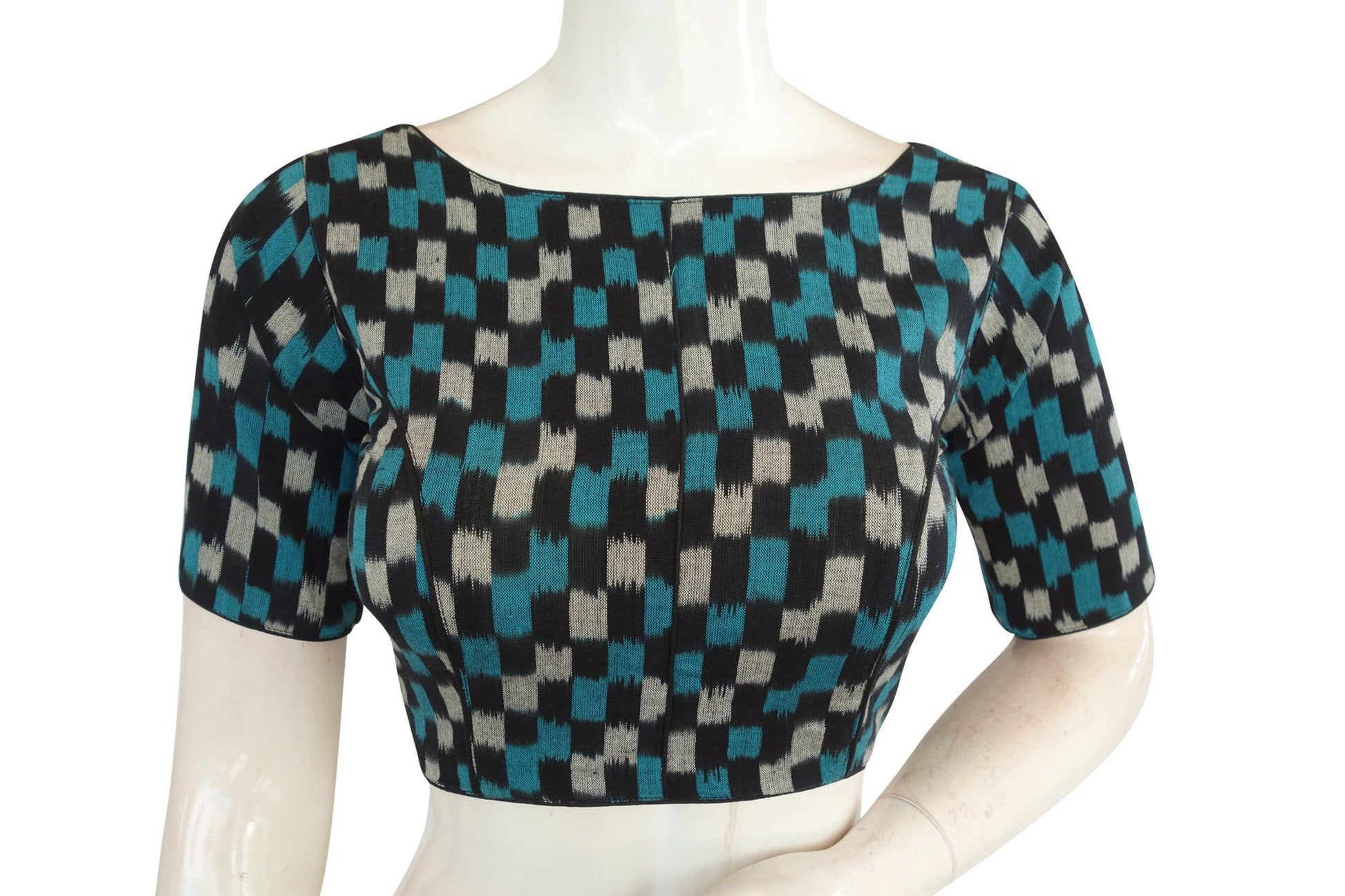 Elegant Women's Fashion, Black Ikkat Cotton Boat Neck Readymade Saree Blouses - D3blouses