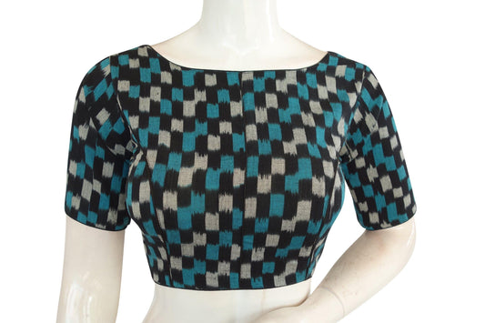 Elegant Women's Fashion, Black Ikkat Cotton Boat Neck Readymade Saree Blouses - D3blouses