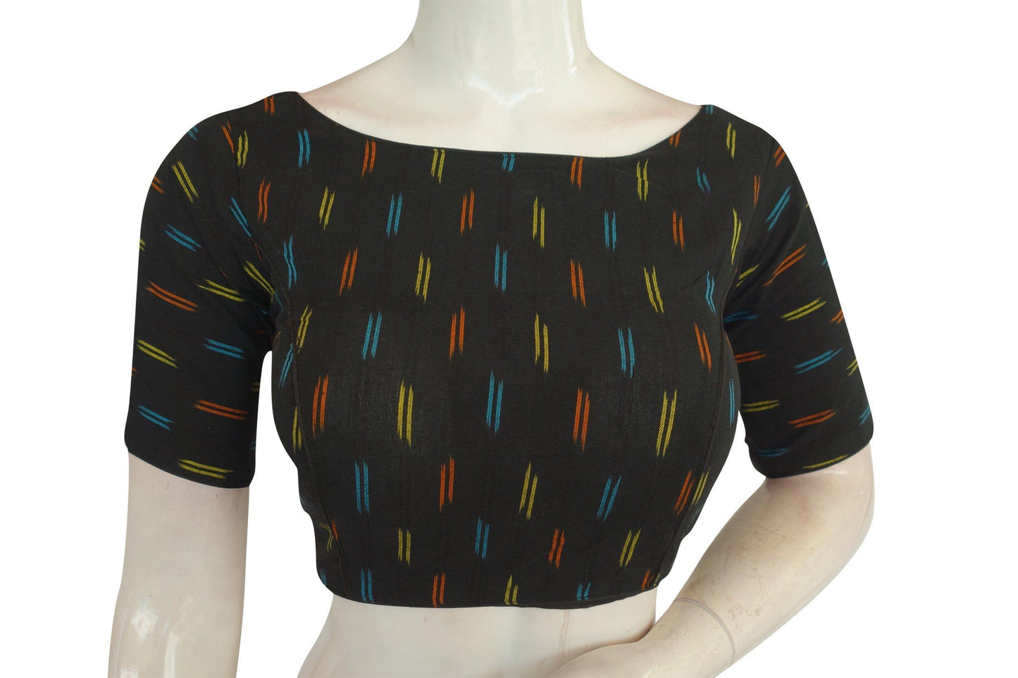 Elevate Your Casual Look with Black Ikkat Boat Neck Designer Saree Blouses - D3blouses