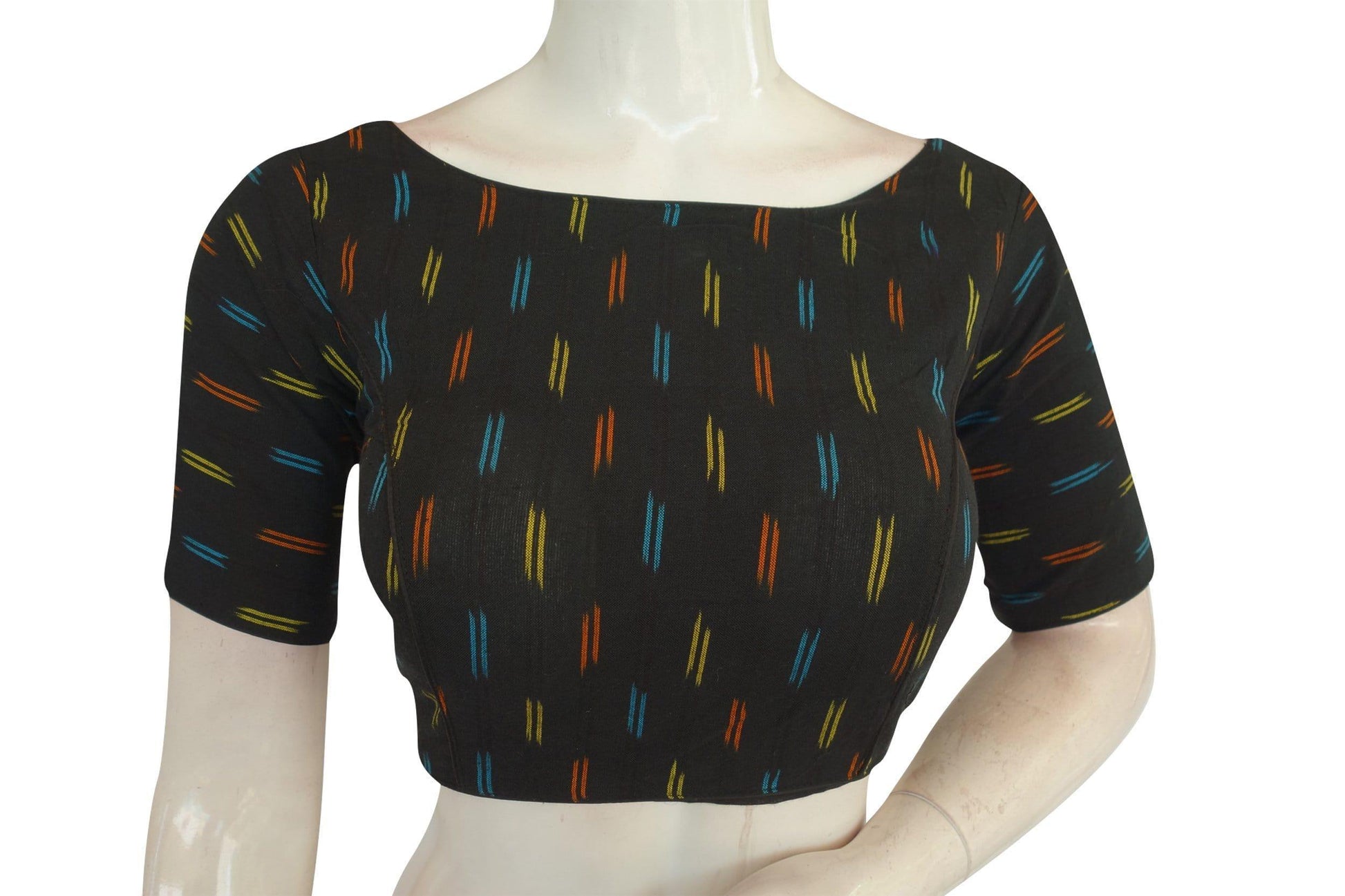 Elevate Your Casual Look with Black Ikkat Boat Neck Designer Saree Blouses - D3blouses