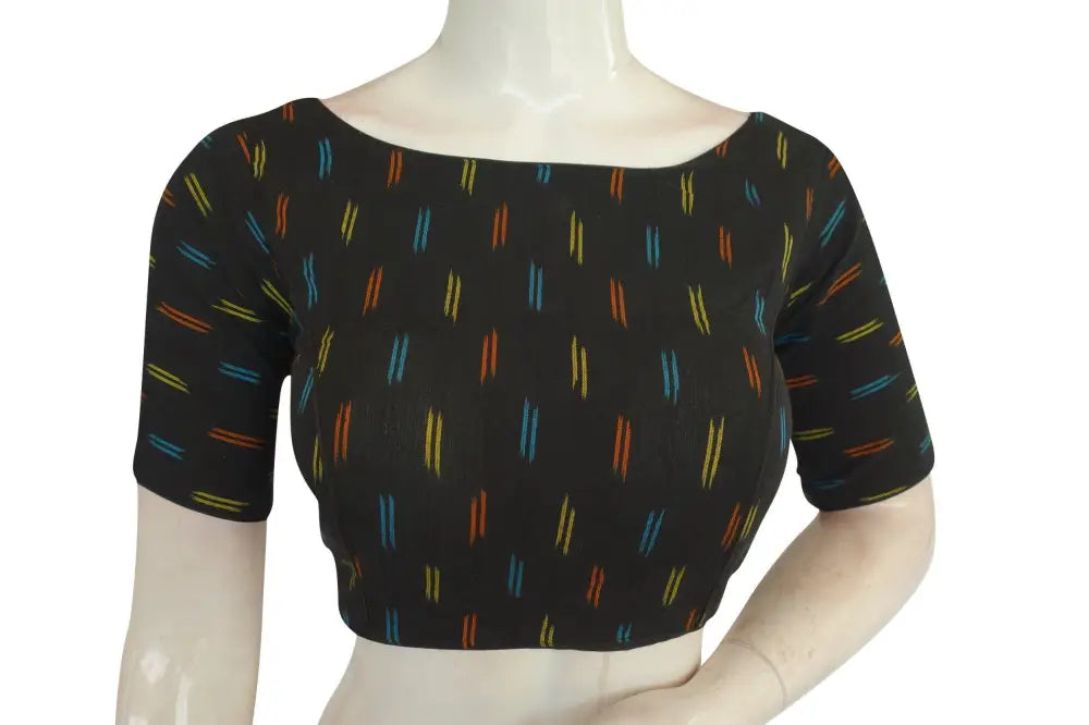 Elevate Your Casual Look with Black Ikkat Boat Neck Designer Saree Blouses - D3blouses