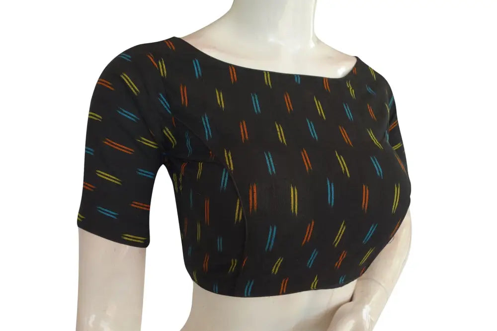 Elevate Your Casual Look with Black Ikkat Boat Neck Designer Saree Blouses - D3blouses