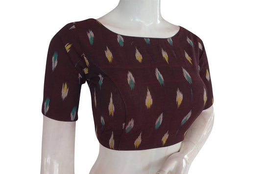 Elevate Your Casual Look with Brown Ikkat Boat Neck Designer Saree Blouses - D3blouses
