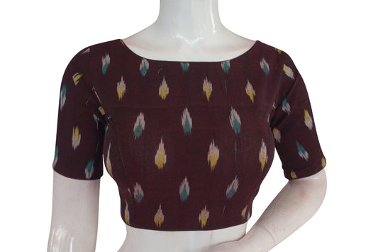 Elevate Your Casual Look with Brown Ikkat Boat Neck Designer Saree Blouses - D3blouses