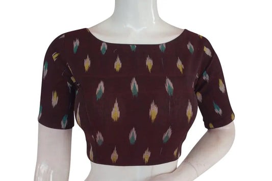 Elevate Your Casual Look with Brown Ikkat Boat Neck Designer Saree Blouses - D3blouses