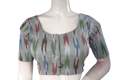 Elevate Your Ethnic Ensemble with Grey Multi-Color Ikkat Cotton Readymade Saree Blouse - D3blouses