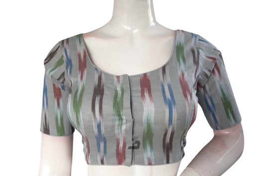 Elevate Your Ethnic Ensemble with Grey Multi-Color Ikkat Cotton Readymade Saree Blouse - D3blouses
