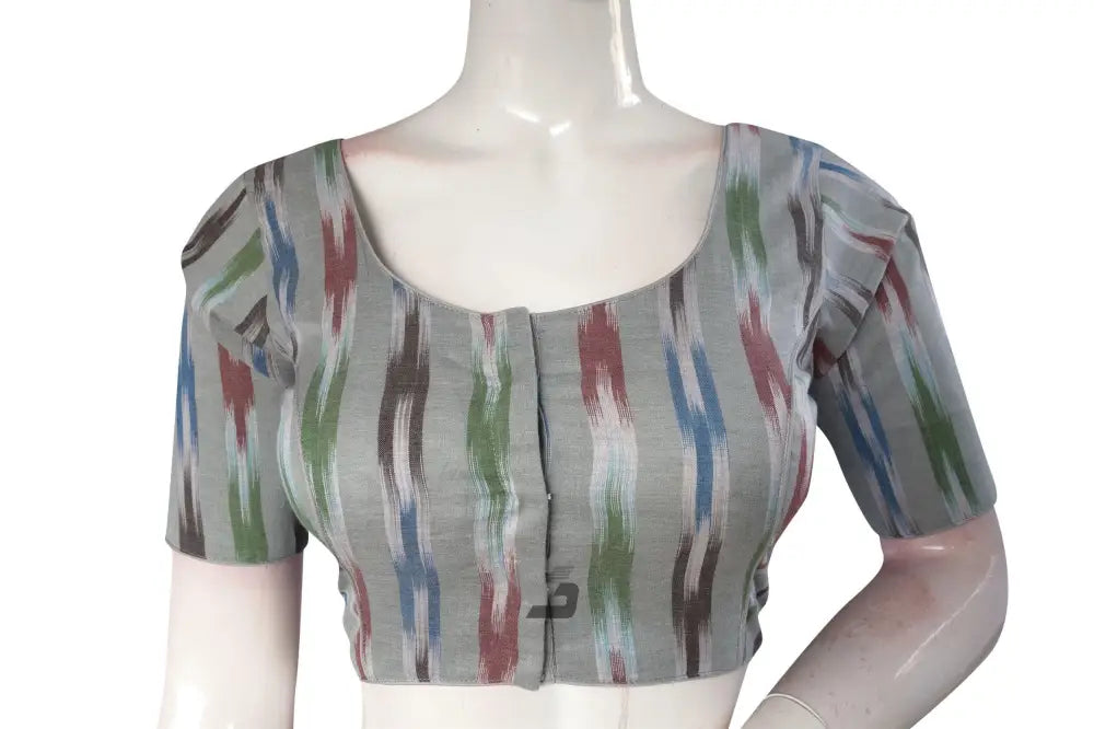 Elevate Your Ethnic Ensemble with Grey Multi-Color Ikkat Cotton Readymade Saree Blouse - D3blouses