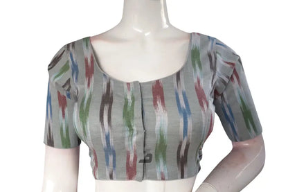 Elevate Your Ethnic Ensemble with Grey Multi-Color Ikkat Cotton Readymade Saree Blouse - D3blouses