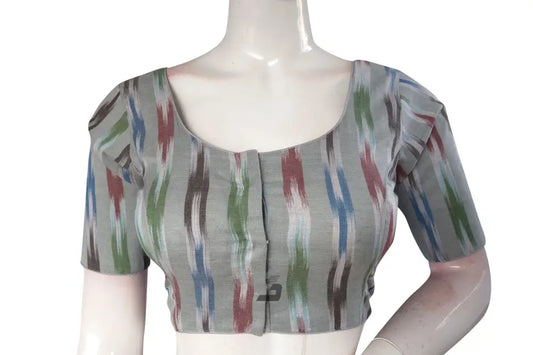 Elevate Your Ethnic Ensemble with Grey Multi-Color Ikkat Cotton Readymade Saree Blouse - D3blouses
