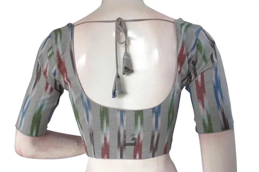 Elevate Your Ethnic Ensemble with Grey Multi-Color Ikkat Cotton Readymade Saree Blouse - D3blouses