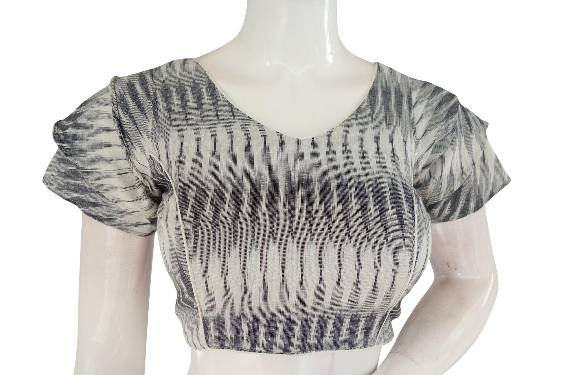 Elevate Your Saree Ensemble with Grey Ikkat Readymade Blouse - Ruffle Sleeve - D3blouses