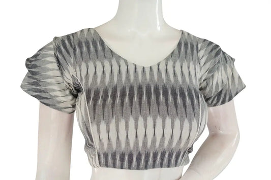 Elevate Your Saree Ensemble with Grey Ikkat Readymade Blouse - Ruffle Sleeve - D3blouses