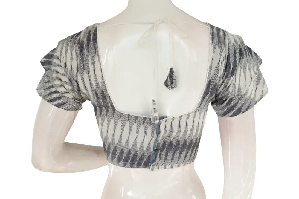 Elevate Your Saree Ensemble with Grey Ikkat Readymade Blouse - Ruffle Sleeve - D3blouses