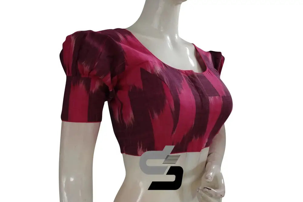 Elevate Your Style with Chic Pink Ikkat Cotton Designer Blouse featuring Puff Sleeves - D3blouses