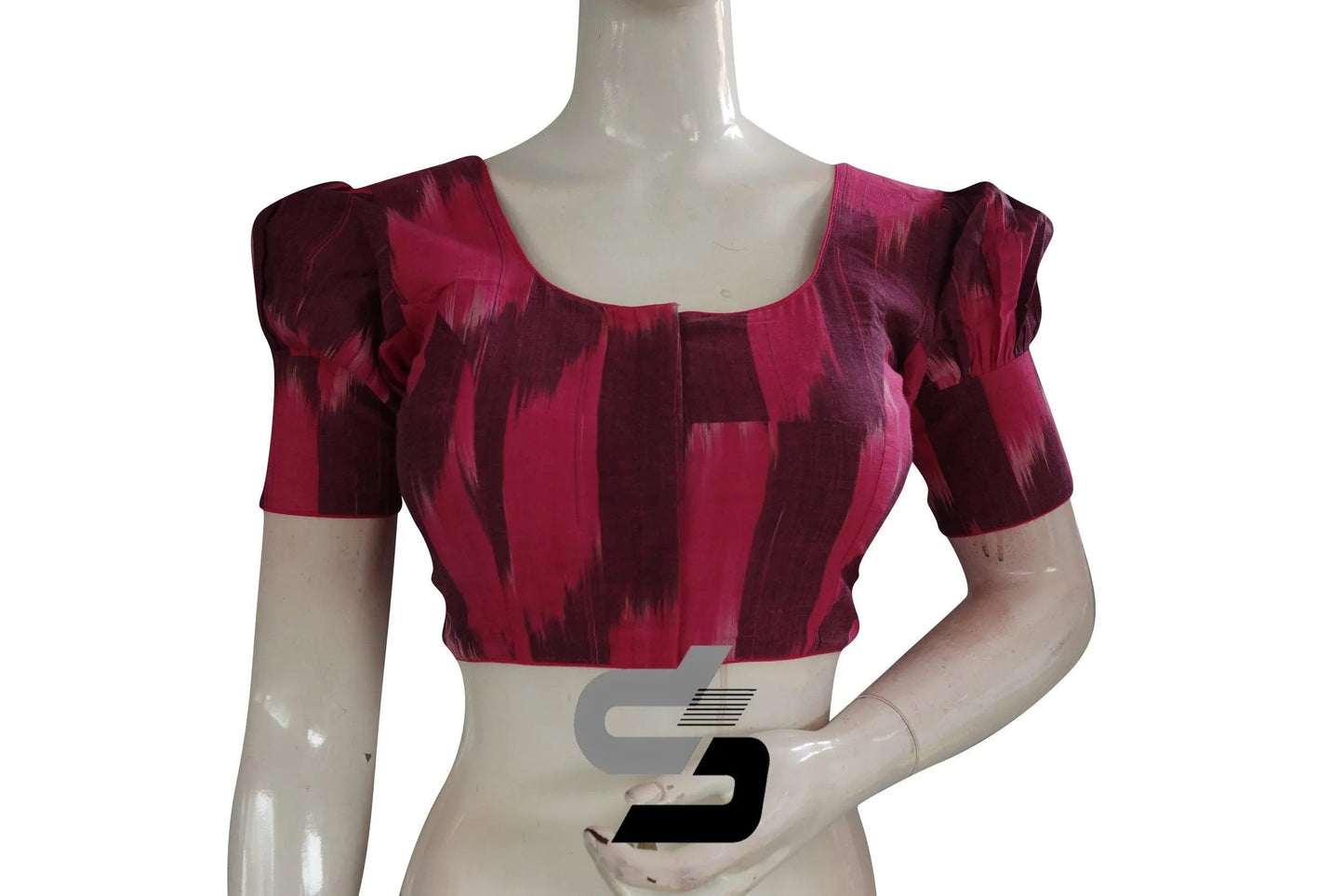 Elevate Your Style with Chic Pink Ikkat Cotton Designer Blouse featuring Puff Sleeves - D3blouses