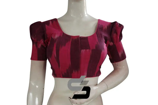 Elevate Your Style with Chic Pink Ikkat Cotton Designer Blouse featuring Puff Sleeves - D3blouses