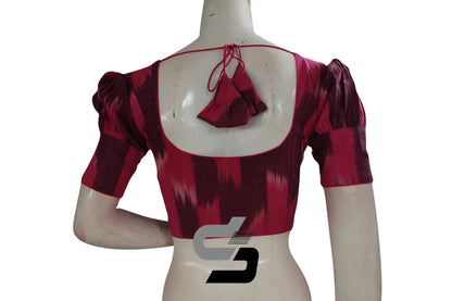 Elevate Your Style with Chic Pink Ikkat Cotton Designer Blouse featuring Puff Sleeves - D3blouses