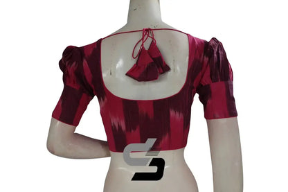 Elevate Your Style with Chic Pink Ikkat Cotton Designer Blouse featuring Puff Sleeves - D3blouses