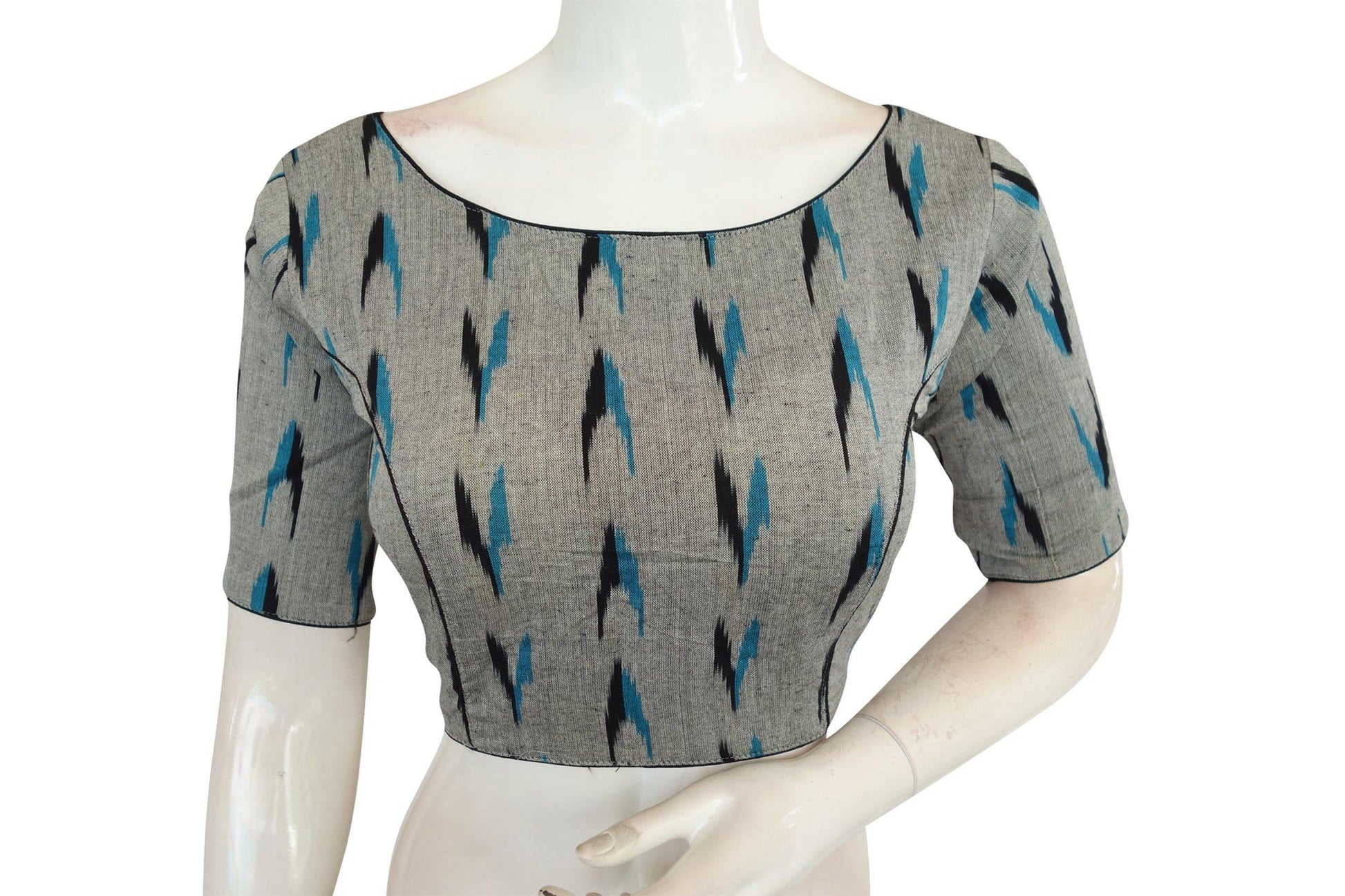 Elevate Your Style with Grey Ikkat Cotton Boat Neck Readymade Saree Blouse - D3blouses
