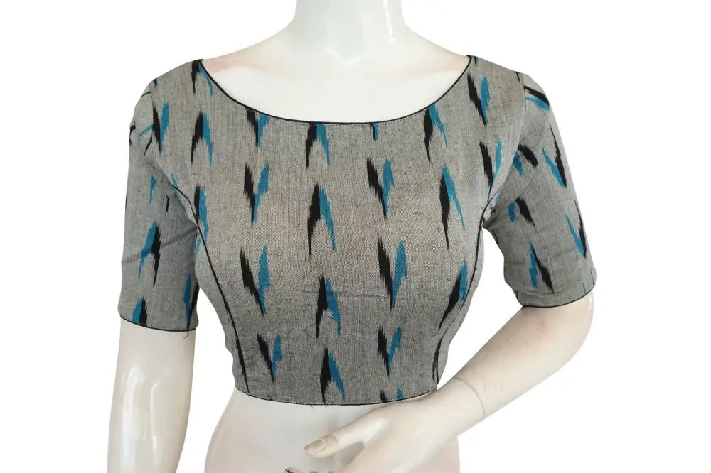 Elevate Your Style with Grey Ikkat Cotton Boat Neck Readymade Saree Blouse - D3blouses