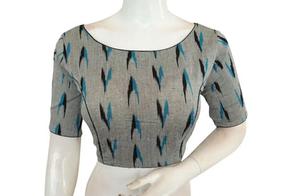 Elevate Your Style with Grey Ikkat Cotton Boat Neck Readymade Saree Blouse - D3blouses