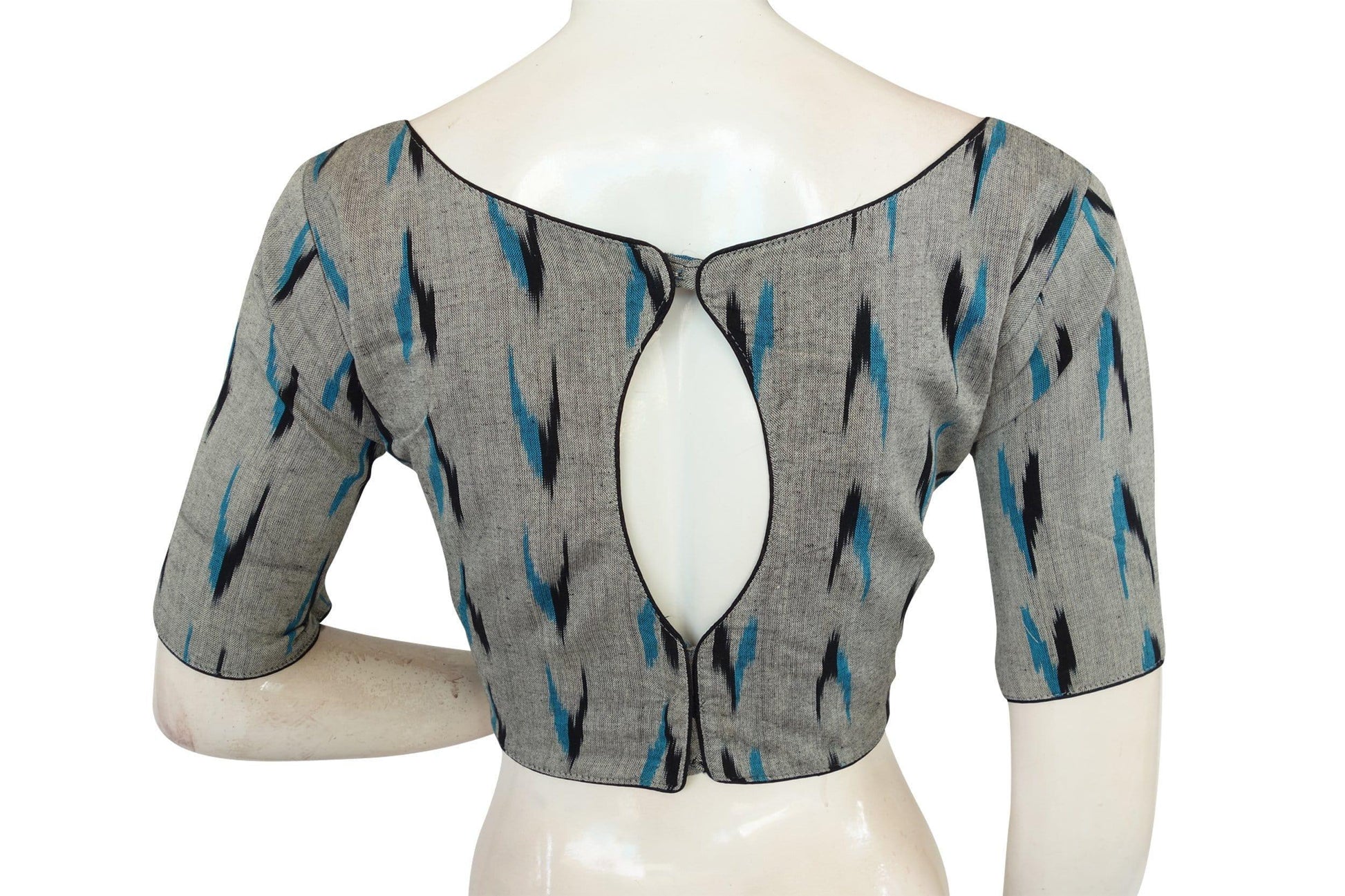 Elevate Your Style with Grey Ikkat Cotton Boat Neck Readymade Saree Blouse - D3blouses