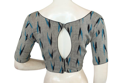 Elevate Your Style with Grey Ikkat Cotton Boat Neck Readymade Saree Blouse - D3blouses