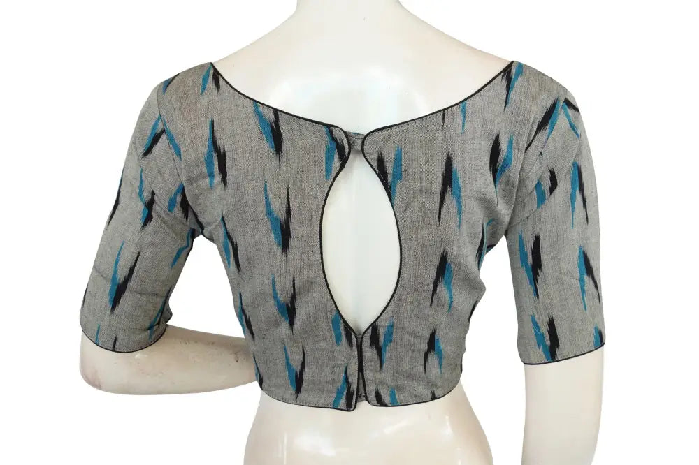 Elevate Your Style with Grey Ikkat Cotton Boat Neck Readymade Saree Blouse - D3blouses