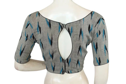 Elevate Your Style with Grey Ikkat Cotton Boat Neck Readymade Saree Blouse - D3blouses