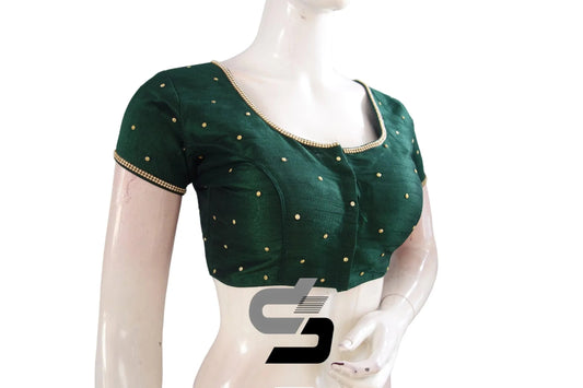 Elevate Your Style with Timeless Sophistication, Dark Green Color Plain Moti Stone Ready-Made Blouse - D3blouses