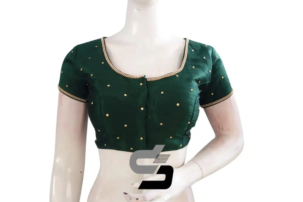 Elevate Your Style with Timeless Sophistication, Dark Green Color Plain Moti Stone Ready-Made Blouse - D3blouses