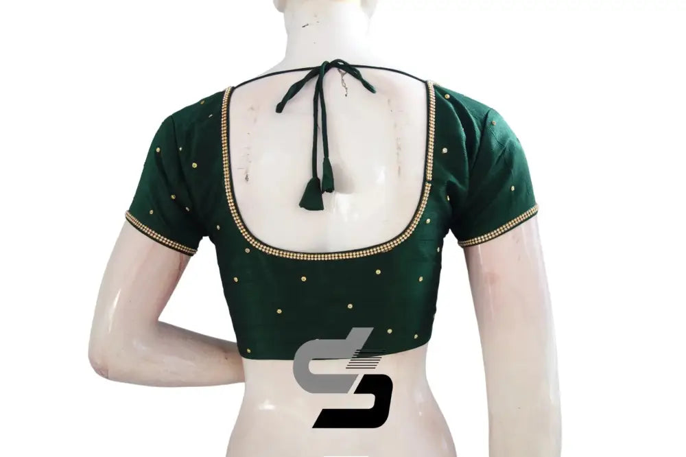 Elevate Your Style with Timeless Sophistication, Dark Green Color Plain Moti Stone Ready-Made Blouse - D3blouses