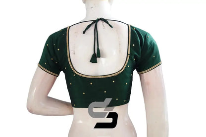 Elevate Your Style with Timeless Sophistication, Dark Green Color Plain Moti Stone Ready-Made Blouse - D3blouses