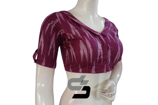 Embrace Elegance: Magenta Color Ikkat Designer Readymade Saree Blouses with Peter Pan Collar - D3blouses