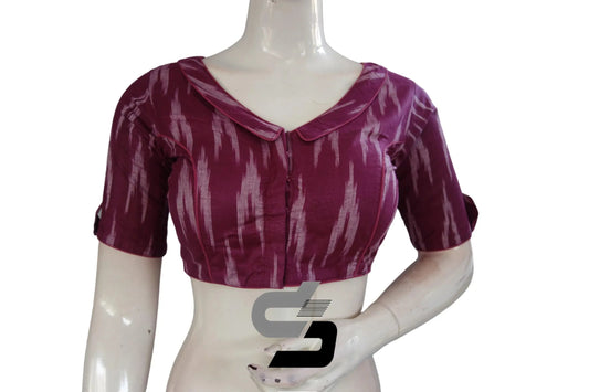 Embrace Elegance: Magenta Color Ikkat Designer Readymade Saree Blouses with Peter Pan Collar - D3blouses