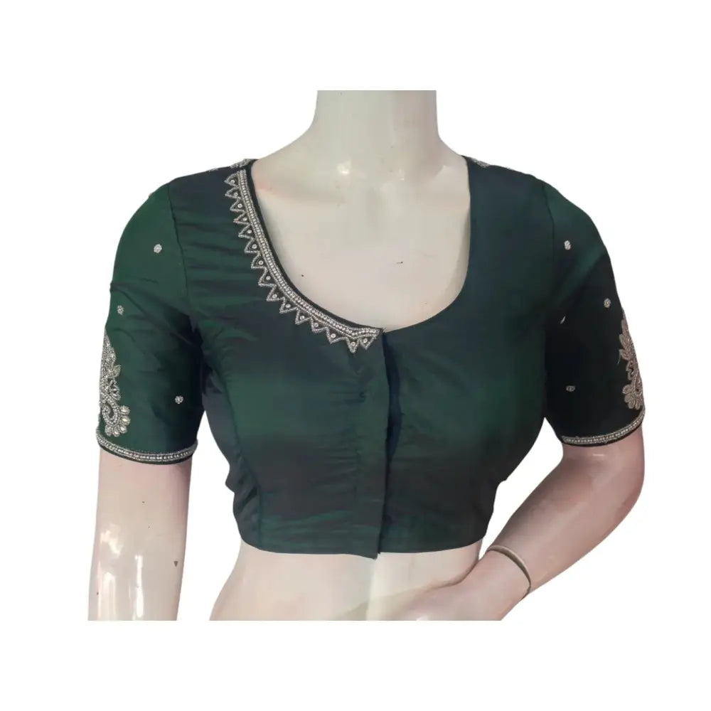 Emerald Elegance: Dark Green Aari Handwork Bridal Silk Saree Blouse - D3blouses