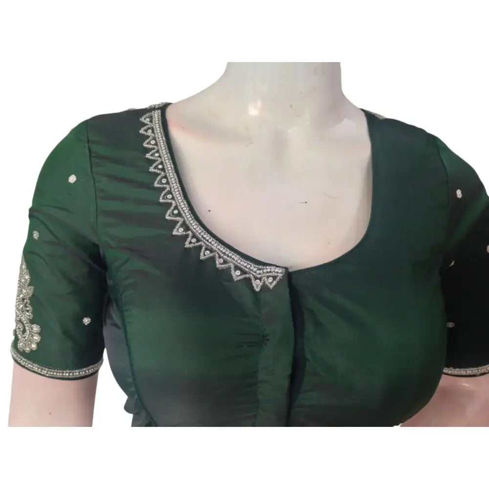 Emerald Elegance: Dark Green Aari Handwork Bridal Silk Saree Blouse - D3blouses