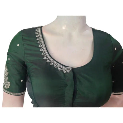 Emerald Elegance: Dark Green Aari Handwork Bridal Silk Saree Blouse - D3blouses