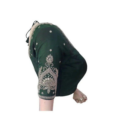 Emerald Elegance: Dark Green Aari Handwork Bridal Silk Saree Blouse - D3blouses