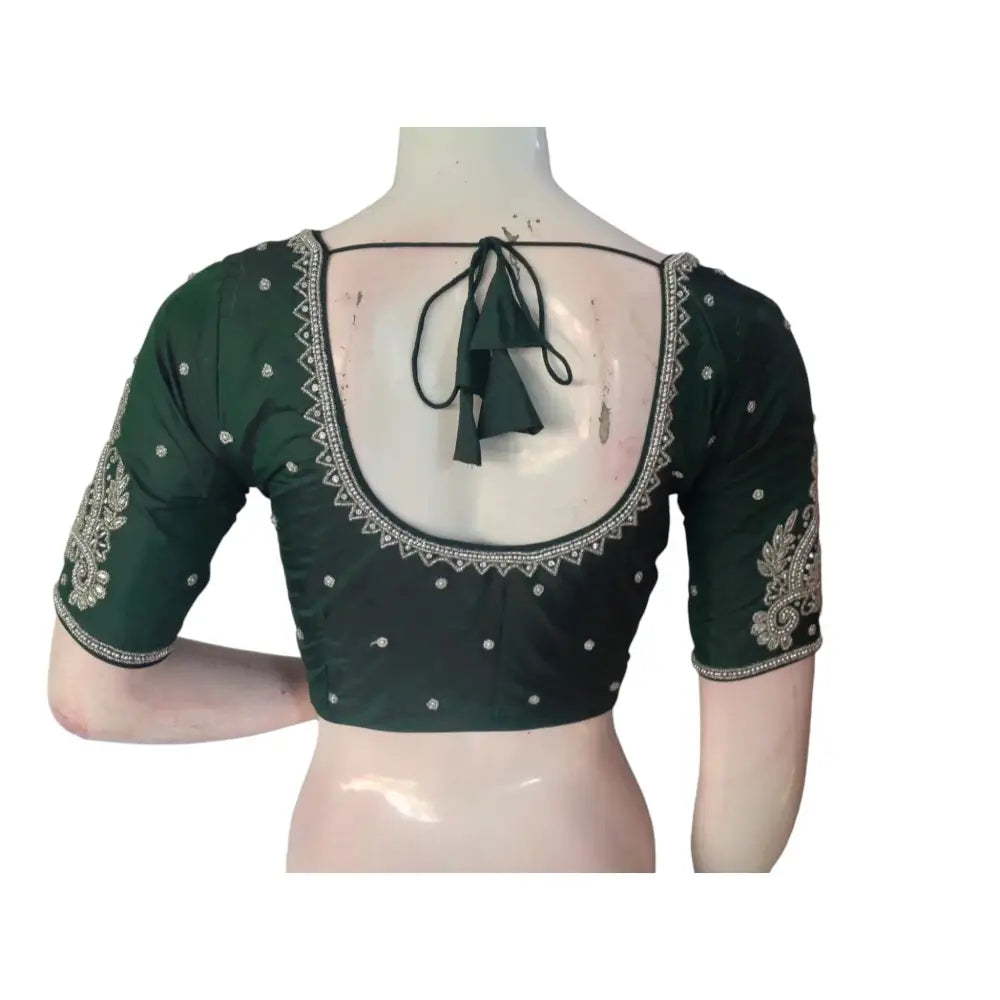 Emerald Elegance: Dark Green Aari Handwork Bridal Silk Saree Blouse - D3blouses