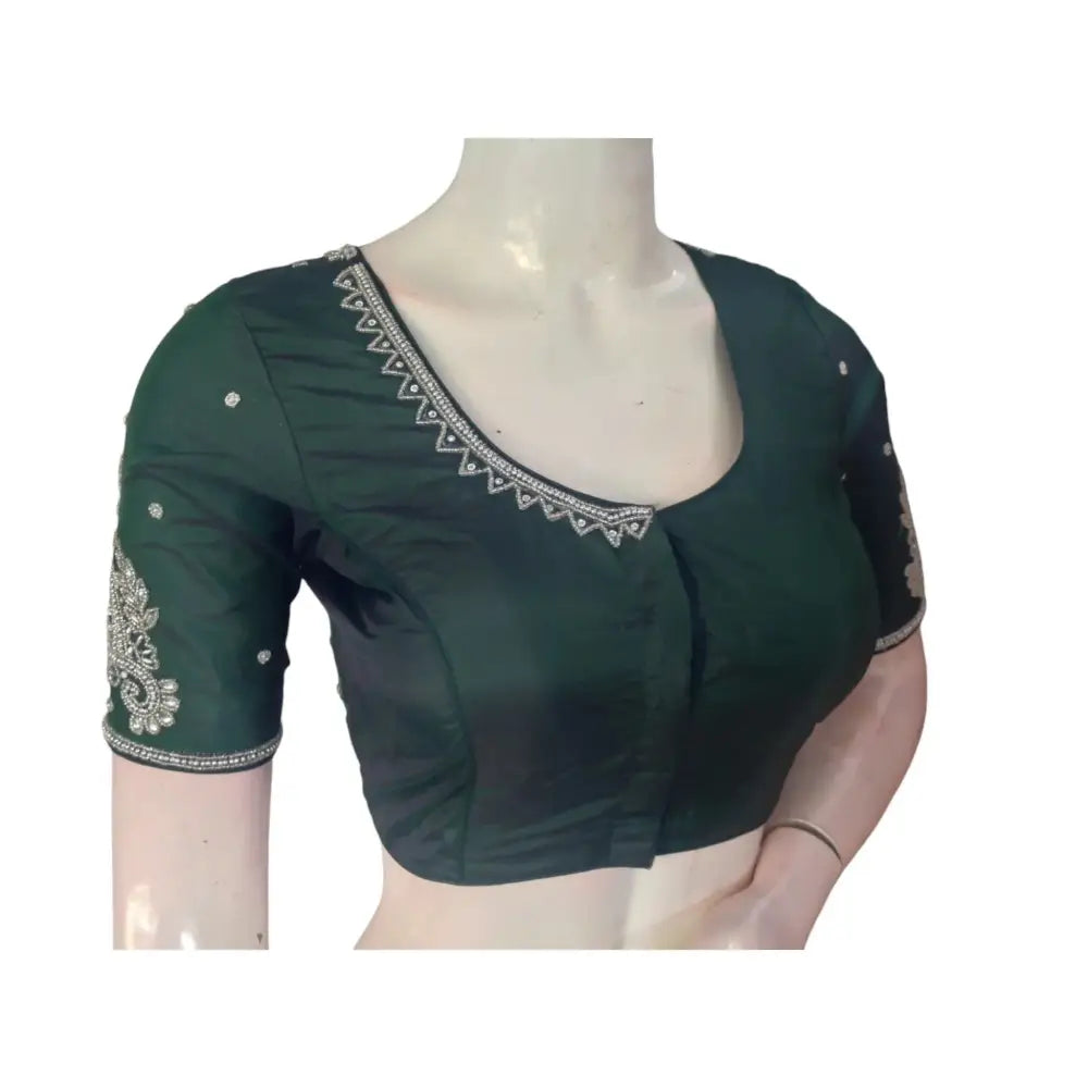 Emerald Elegance: Dark Green Aari Handwork Bridal Silk Saree Blouse - D3blouses