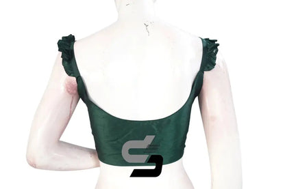 Emerald Elegance, Green Plain Silk Spaghetti Frill Sleeves Readymade Saree Blouse - D3blouses